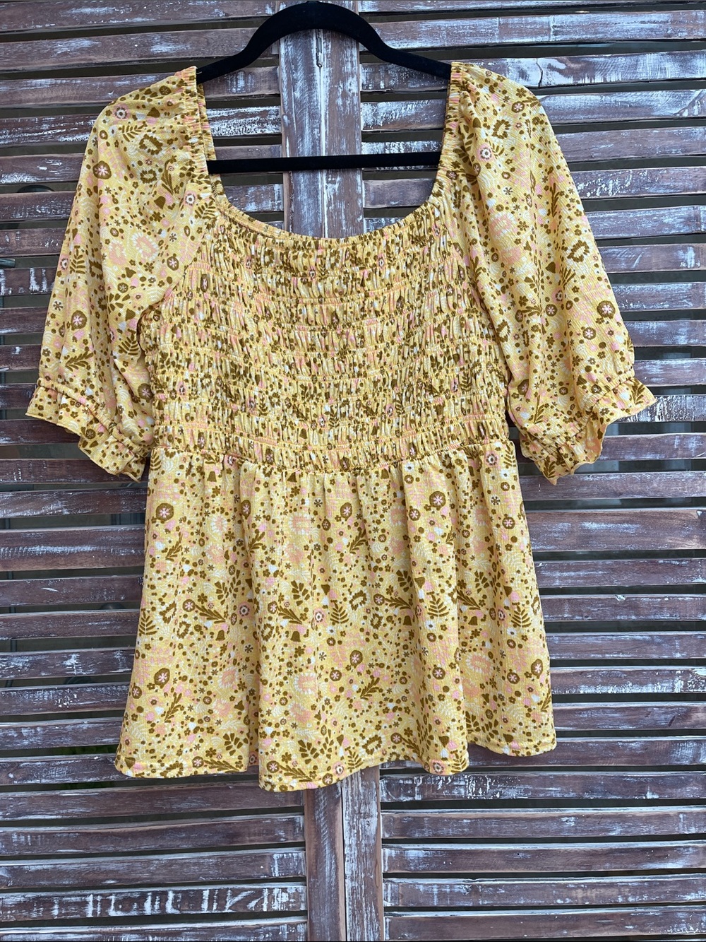 MELLODAY Yellow Floral Smocked Square-Neck Top